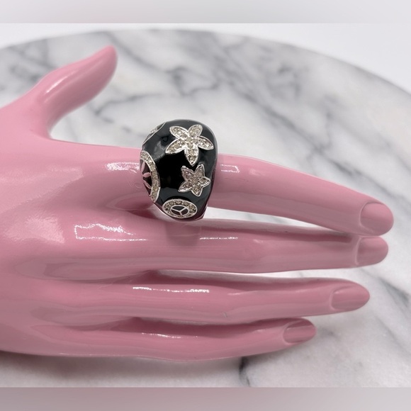 Chunky Black Enamel & Silver Tone Crystal Ring with Design - Picture 2 of 12